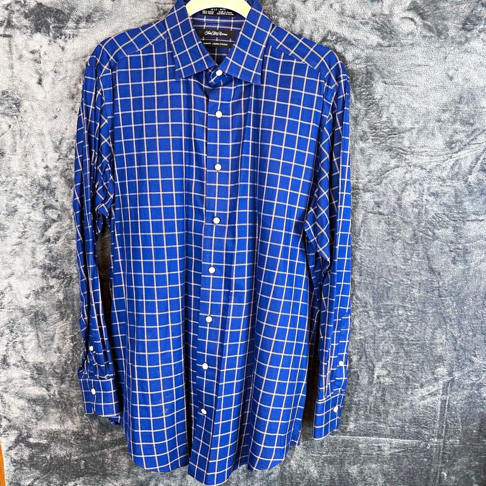 Saks Fifth Avenue Men's 16.5 Slim Fit Cotton Blue/White Check Dress Shirt 34/35